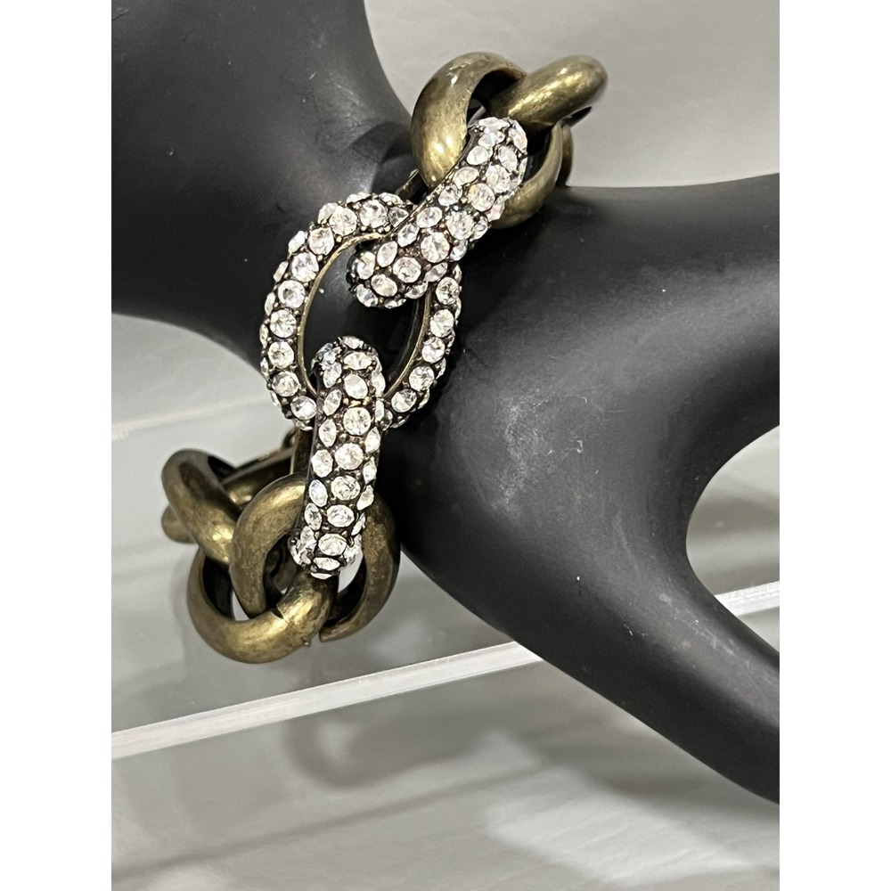 Brassy Gold Tone Chunky Rhinestone Chain Link Bracelet 7.25"